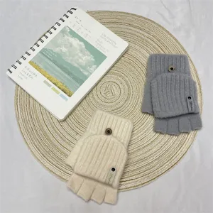 Women winter warm half finger flip knit gloves, thick windproof thermal outdoor mittens.
