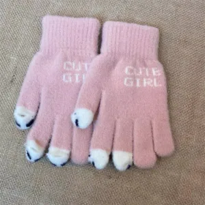 Women winter warm pink knitted touchscreen gloves cute cat paw design with cute girl text