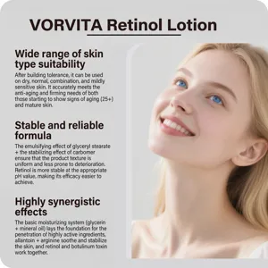 Detail view of the retinol facial lotion product features, skin compatibility and formula.