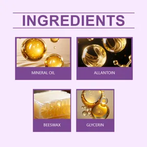 Skincare patch detail ingredient showcase featuring mineral oil, allantoin and beeswax.