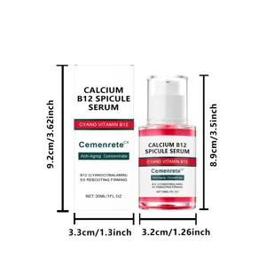 Detailed view of the Calcium B12 face serum glass bottle and packaging box with dimension labels.