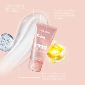 VIARELINE masque de nuit collagène détail avec tube rose, texture gel et bienfaits raffermissants.