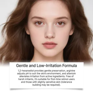 Retinol facial lotion detail view showing gentle formula and skincare ingredients for daily use.