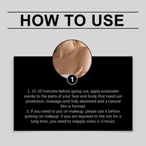 Graphique de détail d'utilisation de crème solaire avec étapes et conseils pour les soins quotidiens.