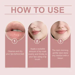 Gráfico de detalles de uso de mascarilla labial con tres pasos sencillos para el cuidado diario.