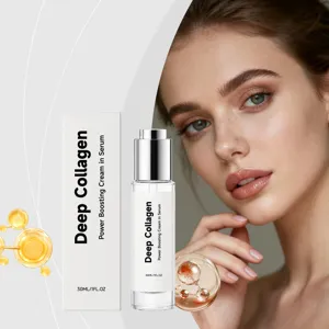 Primo piano dettagliato del siero viso Deep Collagen con confezione e presentazione della modella.