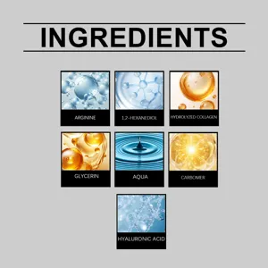 Essenza idratante al collagene dettagli ingredienti infografica per la cura della pelle.