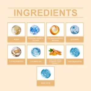 Liste détaillée des ingrédients du nettoyant visage au curcuma et extraits naturels.