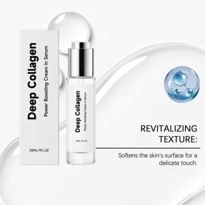 Primo piano dettagliato del siero viso Deep Collagen in flacone con pipetta.