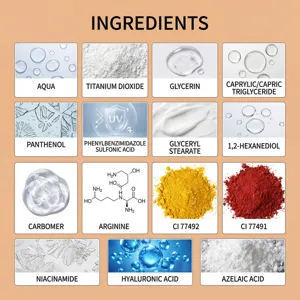 Tableau détaillé des ingrédients montrant les composants cosmétiques clés et actifs.