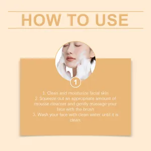 Guide d'utilisation étape par étape pour nettoyant mousse visage doux avec démonstration de modèle.