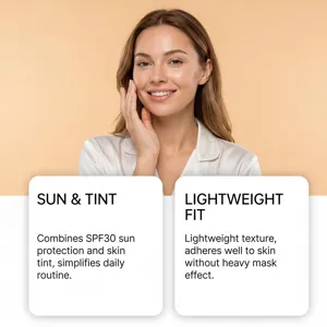 Vue détaillée de la texture légère SPF30 de protection solaire et teinte sur la peau.
