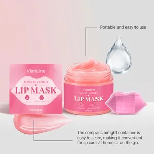 Gros plan du pot de masque à lèvres hydratant rose avec une texture de gel lisse et douce.