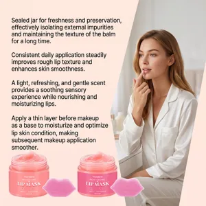 Détail de masque pour lèvres texture lisse, formule nourrissante et scène d'application.