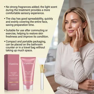 Masque peel-off au collagène vue détaillée, soin hydratant visage avec pinceau doux.