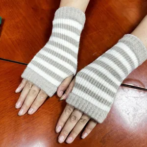 Knit striped fingerless gloves autumn winter warm arm warmers for women and student.