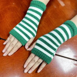 Green and white striped knit arm warmers fingerless gloves for women winter cozy daily wear