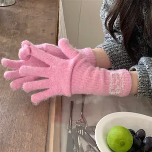 Women Winter Long Knit Wool Blend Gloves Touch Screen Warm Thermal Gloves With Lace Label Minimalist Fashion Mittens