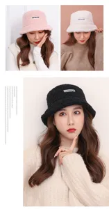 Autumn winter lambswool bucket hat for women, Japanese style plush warm fisherman cap, casual.
