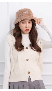 Brown lamb wool bucket hat detail, warm winter plush hat for women, cute daily wear accessory.