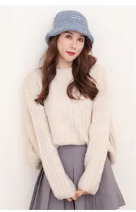 Autumn winter lamb wool bucket hat Japanese style warm plush basin hat for women casual grey