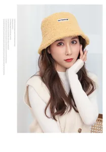 Winter yellow sherpa bucket hat for women, cozy fleece plush fisherman cap, warm casual outdoor hat.