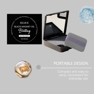 Portable oil blotting paper with mirror box and soft puff, perfect for daily face care.