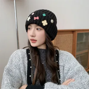 Korean sweet cute decorative knitted beanie hat for women, thick warm winter hat.