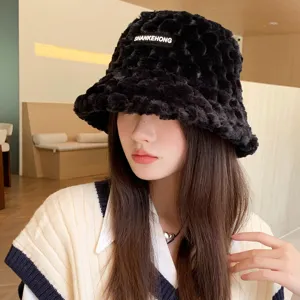 Winter warm thick plush bucket hat for women, casual soft black fuzzy fisherman hat daily wear.
