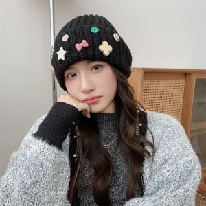 Sweet cute decorative knit beanie for women, warm thick winter hat with charms.