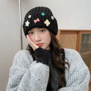 Korean style cute fleece beanie hat for women, thick warm knitted cap with sweet decorative pins.