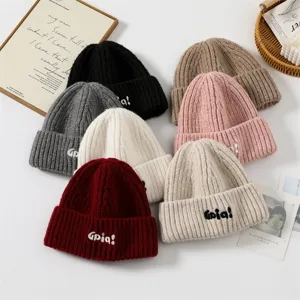 Cozy winter ribbed knitted beanie hat set with cute embroidery, thick warm casual cap.