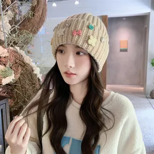 Korean sweet cute knitted beanie hat for women autumn winter warm thick head wrap cap