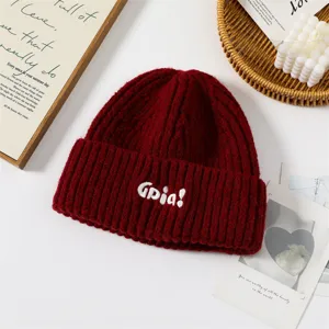 Women's warm winter knit beanie hat with cute embroidery, thick thermal wool cap stylish.