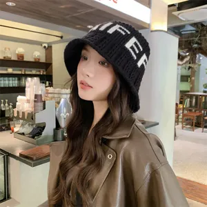 Korean style winter warm knitted bucket hat for women, thick plush black casual stylish cap.