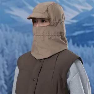 Winter windproof warm cycling hat balaclava detail, integrated face cover and short brim cap.