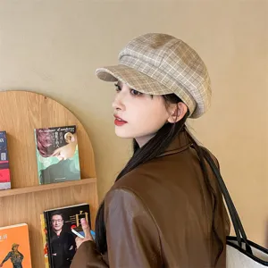Classico berretto a quadri da donna, cappotto autunno inverno stile retrò con visiera corta.