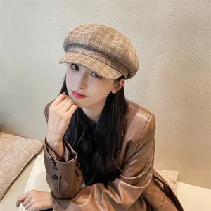 Berretto gavroche a quadri autunno inverno donna, cappello basco coreano tesa corta.