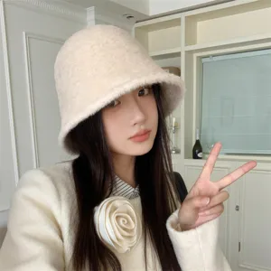 Winter Warm Sherpa Fleece Bucket Hat For Women Solid Color Casual Fluffy Fisherman Cap Outdoor Plush Basin Hat