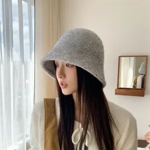Korean style autumn winter fuzzy bucket hat for women solid color warm basin hat stylish