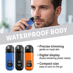 Electric nose hair trimmer detail showing digital display, waterproof body and compact size.