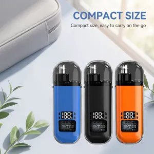 Portable electric nose hair trimmer with digital display, compact size for easy travel use.
