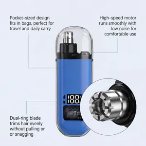 Detail view of portable nose hair trimmer showing dual-ring blade and digital power display.