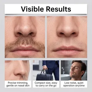 Detailed view of nasal hair trimmer showing visible trimming results, compact size and low noise.