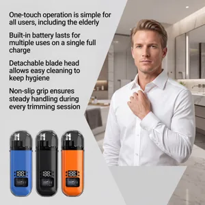 Electric rechargeable nose hair trimmer with LED display, portable painless grooming tool.