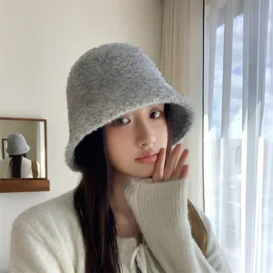 New Korean style autumn winter fuzzy bucket hat for women solid color plush warm basin