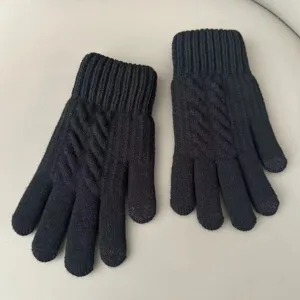 Winter warm knit gloves detail, black fleece lined touchscreen gloves for cold weather riding.
