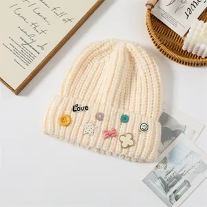 Korean cute knitted beanie hat with pins, thick warm winter slouchy skull cap for women.