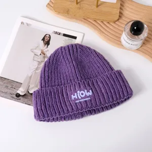 Paarse gebreide muts dames herfst winter warme dikke wollen muts stijlvolle streetwear hoed