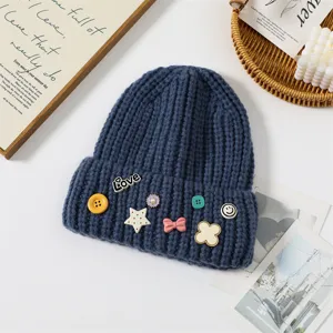 Korean style cute knit beanie for women, warm thick winter hat with lovely brooch decorations.